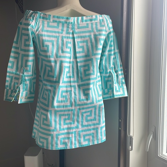 Unique Turquoise blue and white Greek key patterned off the shoulder shirt . - Picture 4 of 9